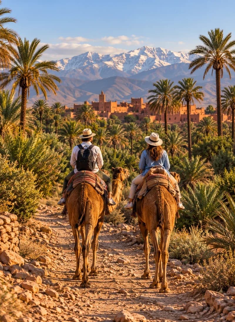 Illustrative camel riders in a palm landscape